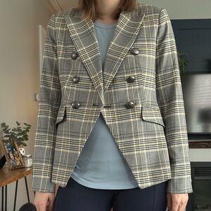 Banana Republic Double-Breasted Plaid Blazer in Gray and Tan